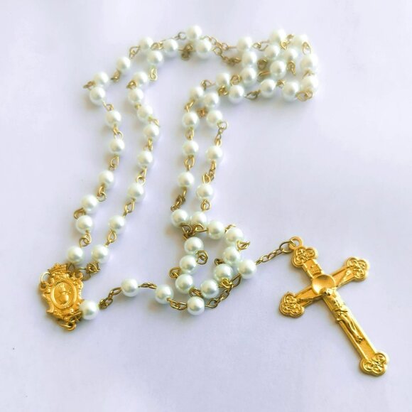 Vintage Faux Pearl Gold-Tone Rosary Necklace Sacred Heart Purity Prayer Beads - Picture 2 of 6